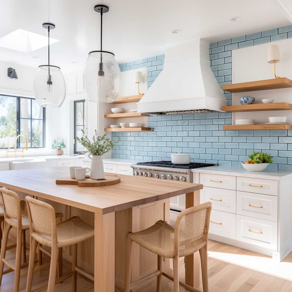 An airy modern coastal kitchen featuring white shaker cabinets, a blue subway tile backsplash, and natural wood accents.