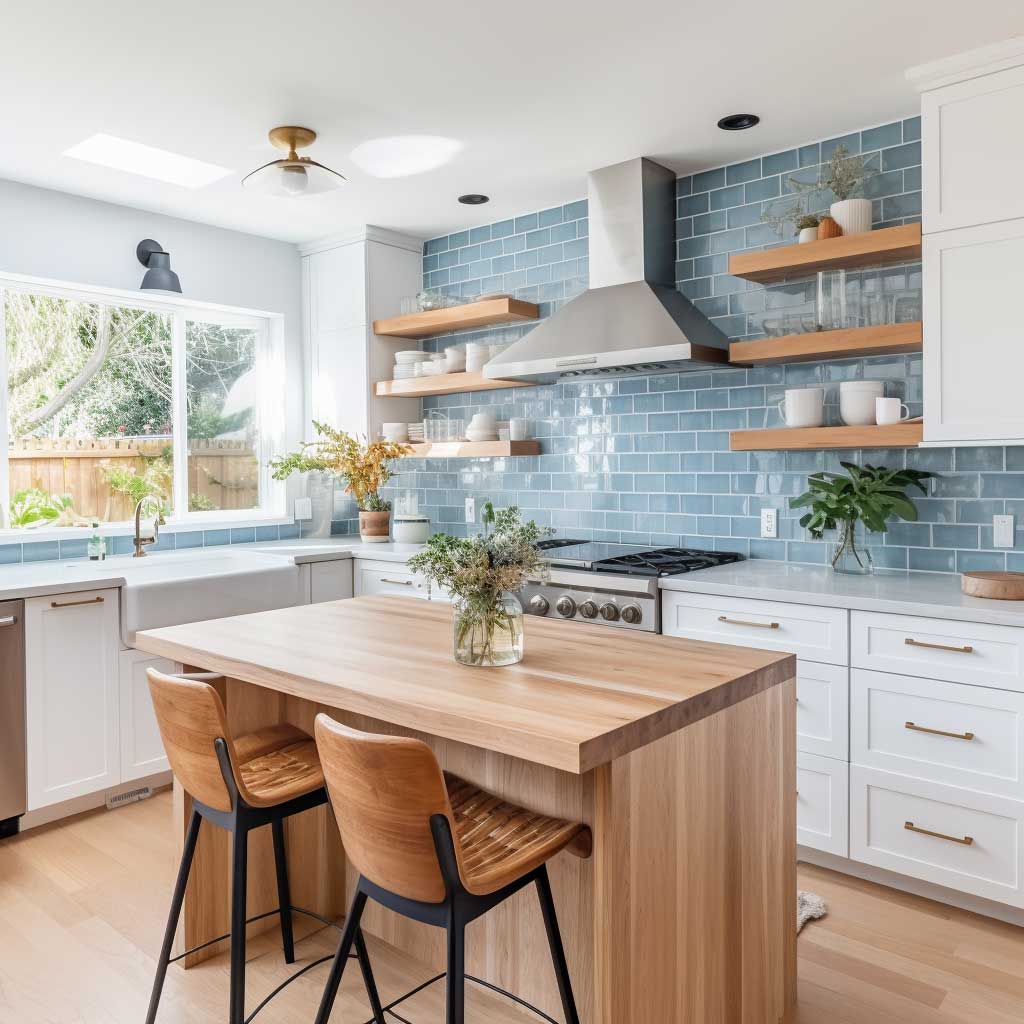 An airy modern coastal kitchen featuring white shaker cabinets, a blue subway tile backsplash, and natural wood accents.