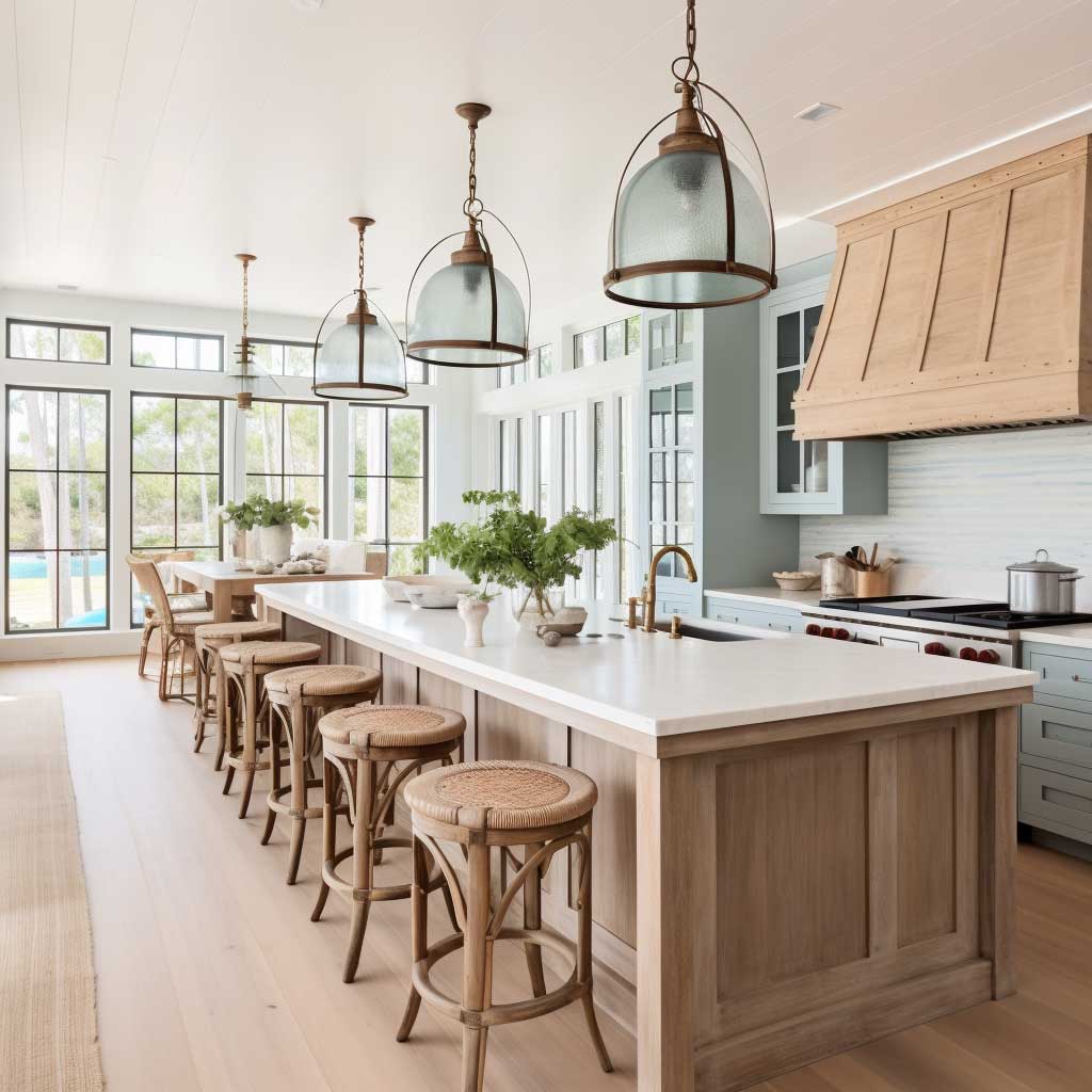 A modern coastal kitchen with a large island, pendant lighting, and shiplap walls.
