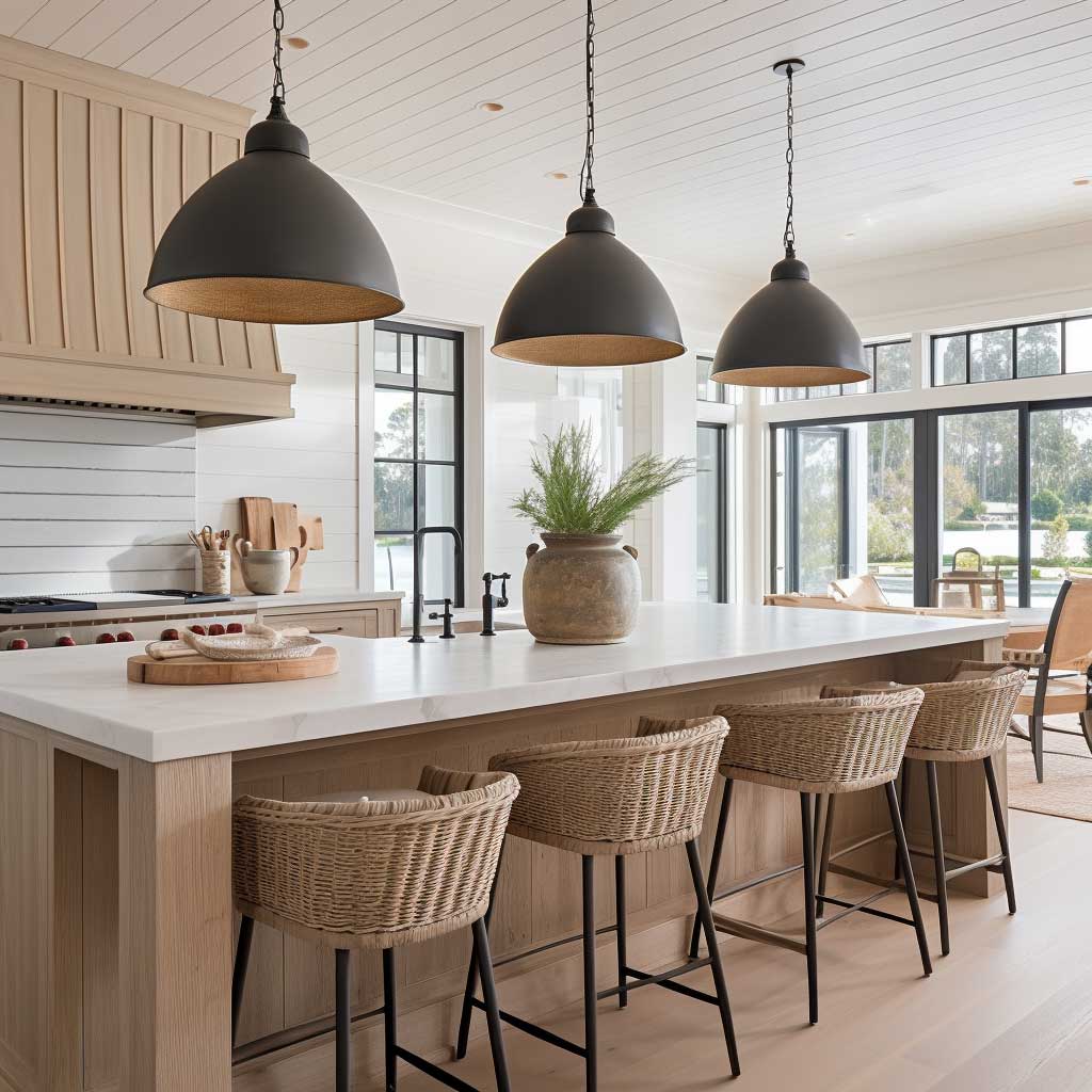 A modern coastal kitchen with a large island, pendant lighting, and shiplap walls.