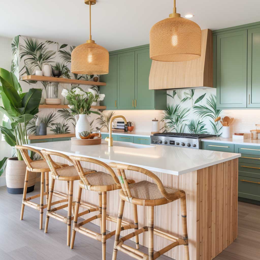 A vibrant modern coastal kitchen with tropical wallpaper, bamboo pendant lights, and a green kitchen island.