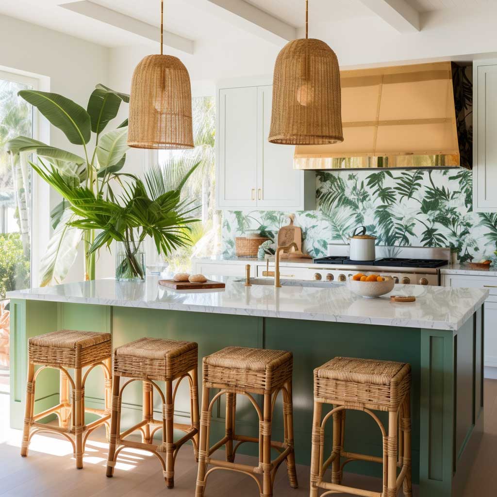 A vibrant modern coastal kitchen with tropical wallpaper, bamboo pendant lights, and a green kitchen island.