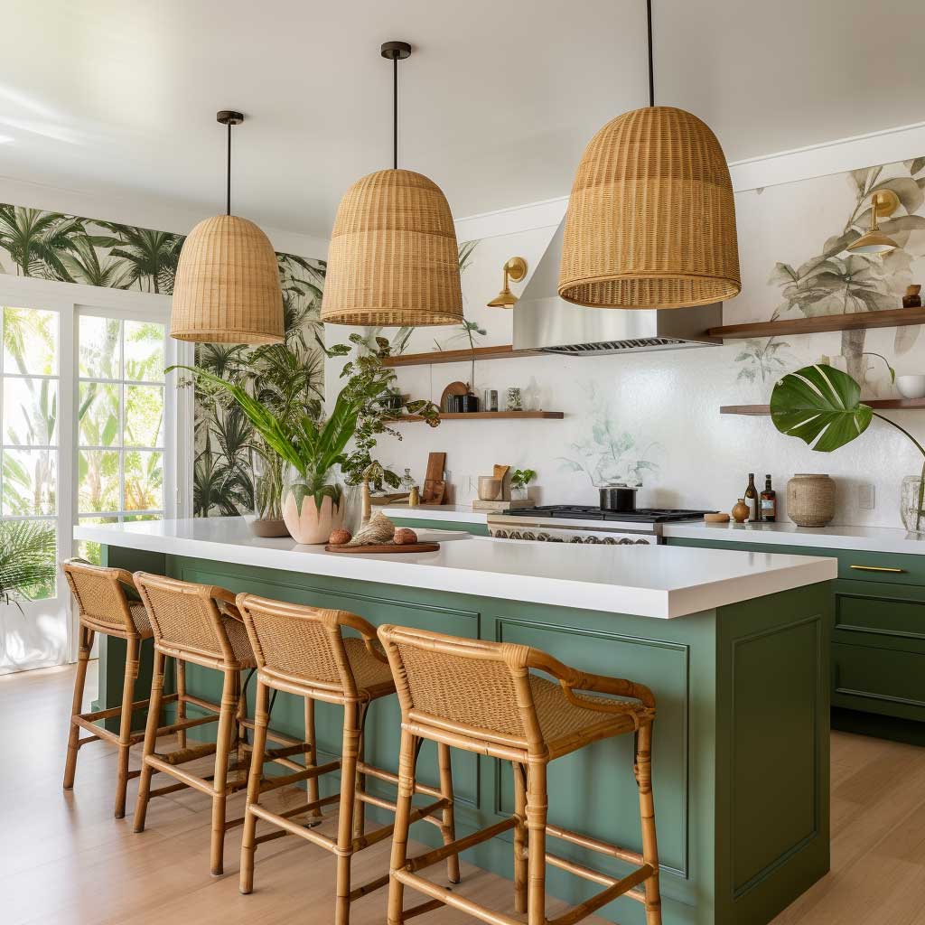 A vibrant modern coastal kitchen with tropical wallpaper, bamboo pendant lights, and a green kitchen island.