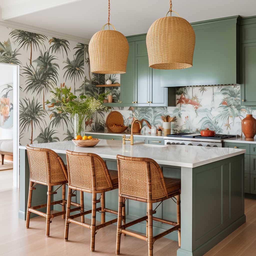 A vibrant modern coastal kitchen with tropical wallpaper, bamboo pendant lights, and a green kitchen island.