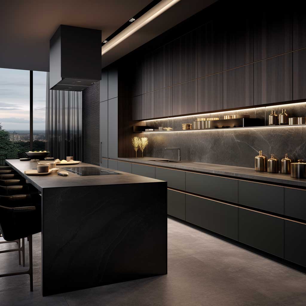 A panoramic view of a modern dark kitchen showcasing the harmonious interplay between charcoal and ebony elements.