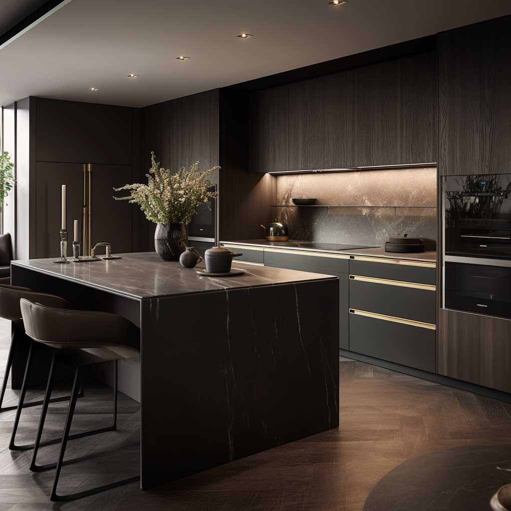 A detailed look at the seamless blend of dark tones and modern style in a sophisticated kitchen setting.