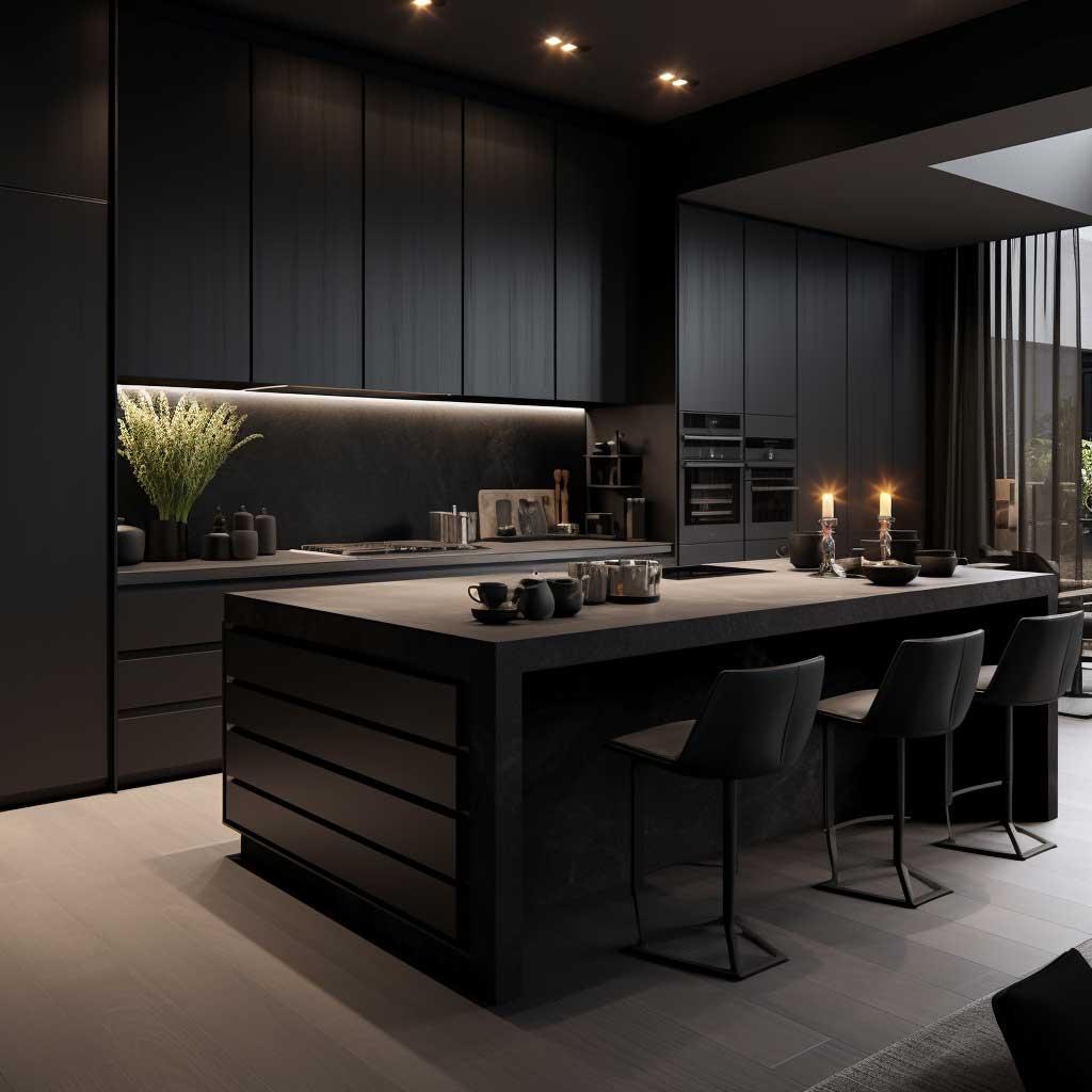 A modern dark kitchen unveiling the beauty of monochromatic design.