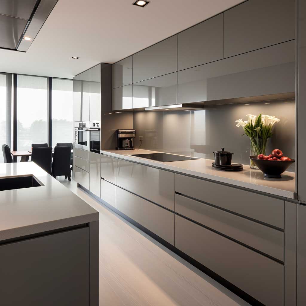 A minimalist kitchen with glossy light grey cabinetry, a white quartz countertop, and integrated appliances.
