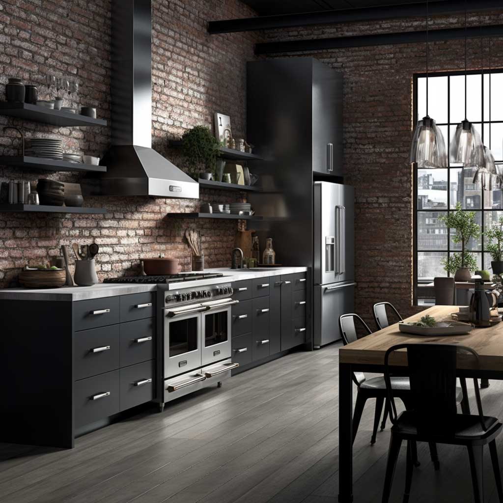 An industrial-style kitchen with dark grey walls, exposed brick elements, and stainless steel appliances.