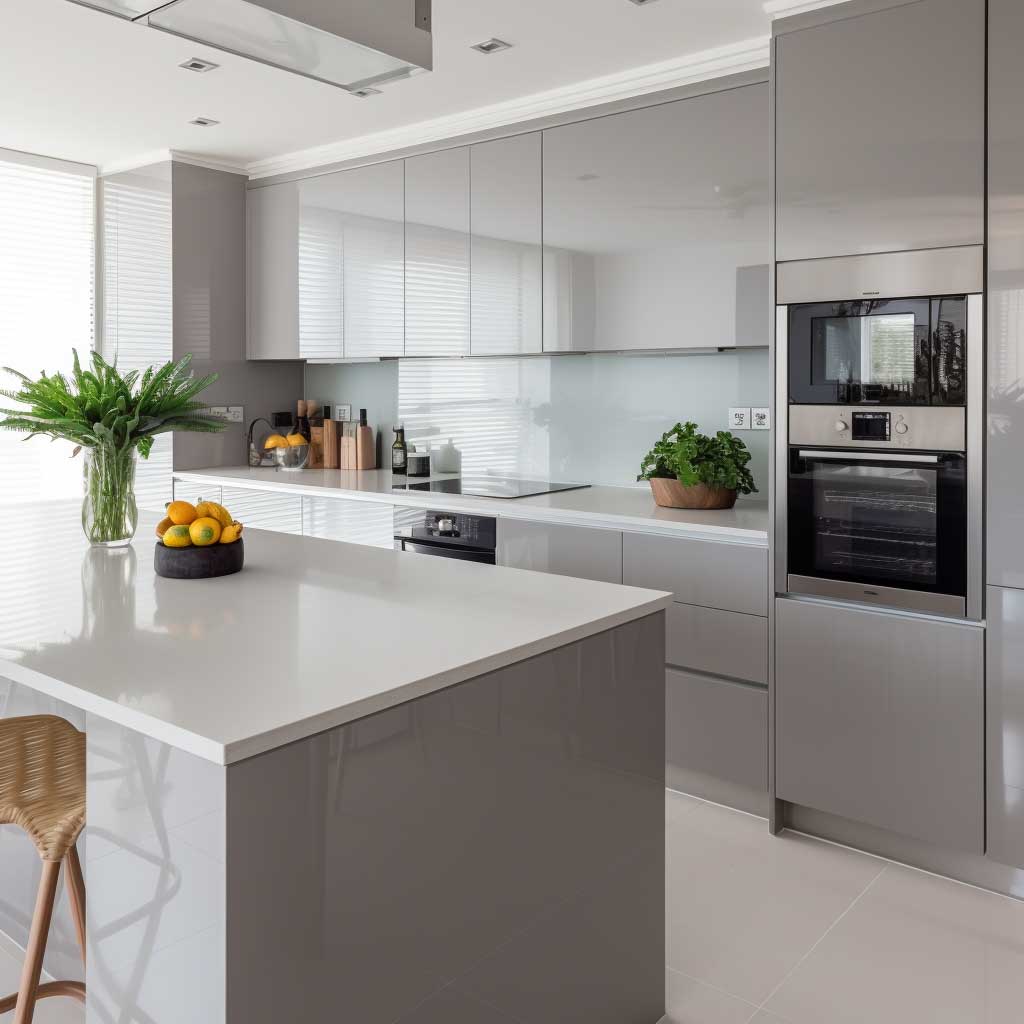A minimalist kitchen with glossy light grey cabinetry, a white quartz countertop, and integrated appliances.