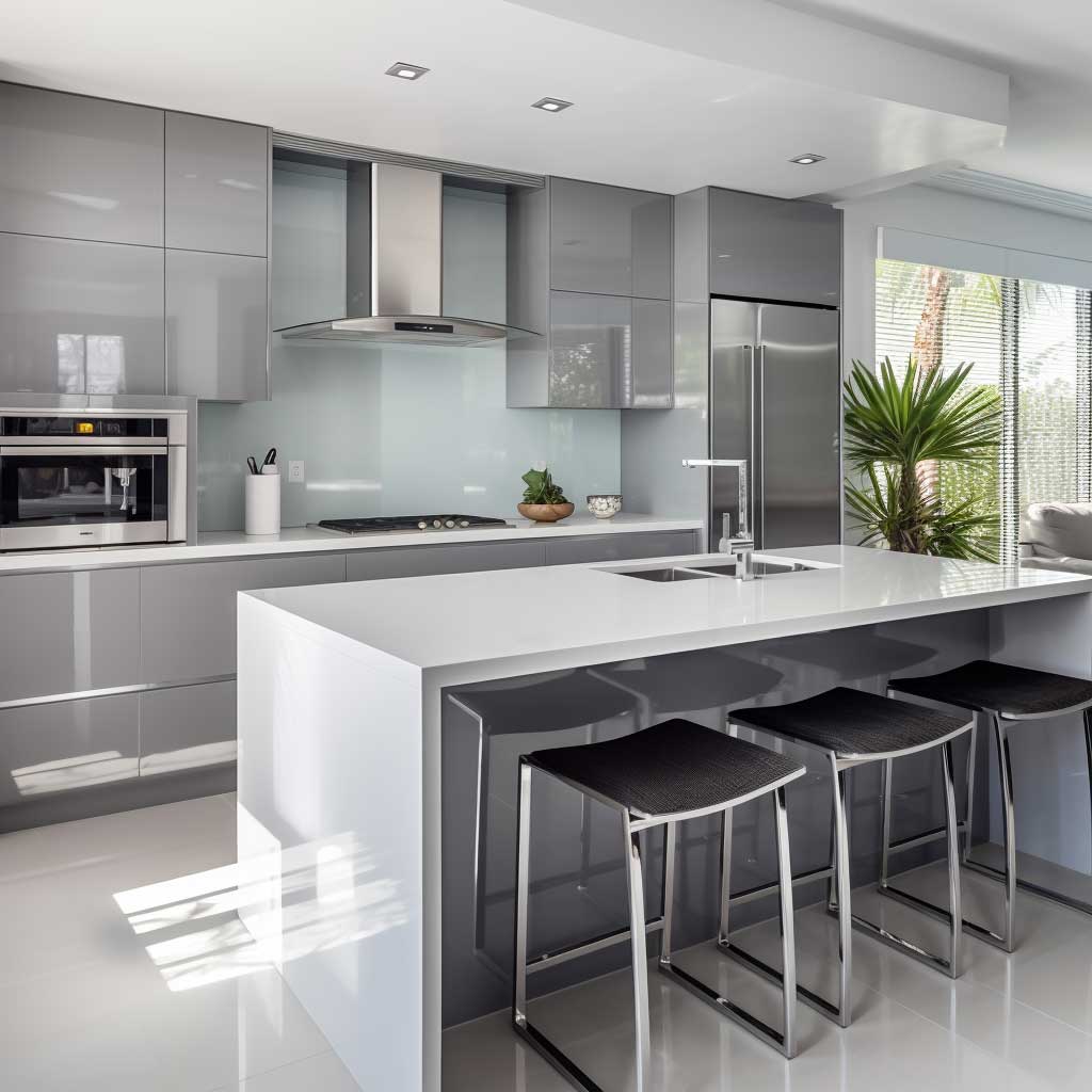 A minimalist kitchen with glossy light grey cabinetry, a white quartz countertop, and integrated appliances.