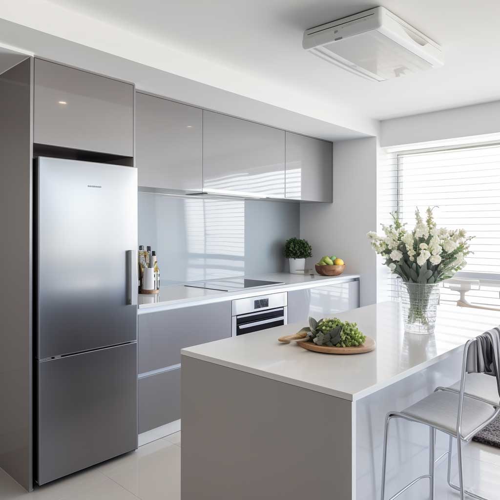 A minimalist kitchen with glossy light grey cabinetry, a white quartz countertop, and integrated appliances.