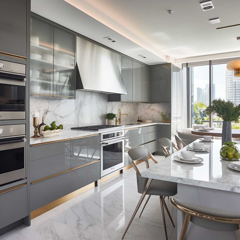 A spacious kitchen featuring sleek grey cabinetry, a white marble countertop, and silver appliances.