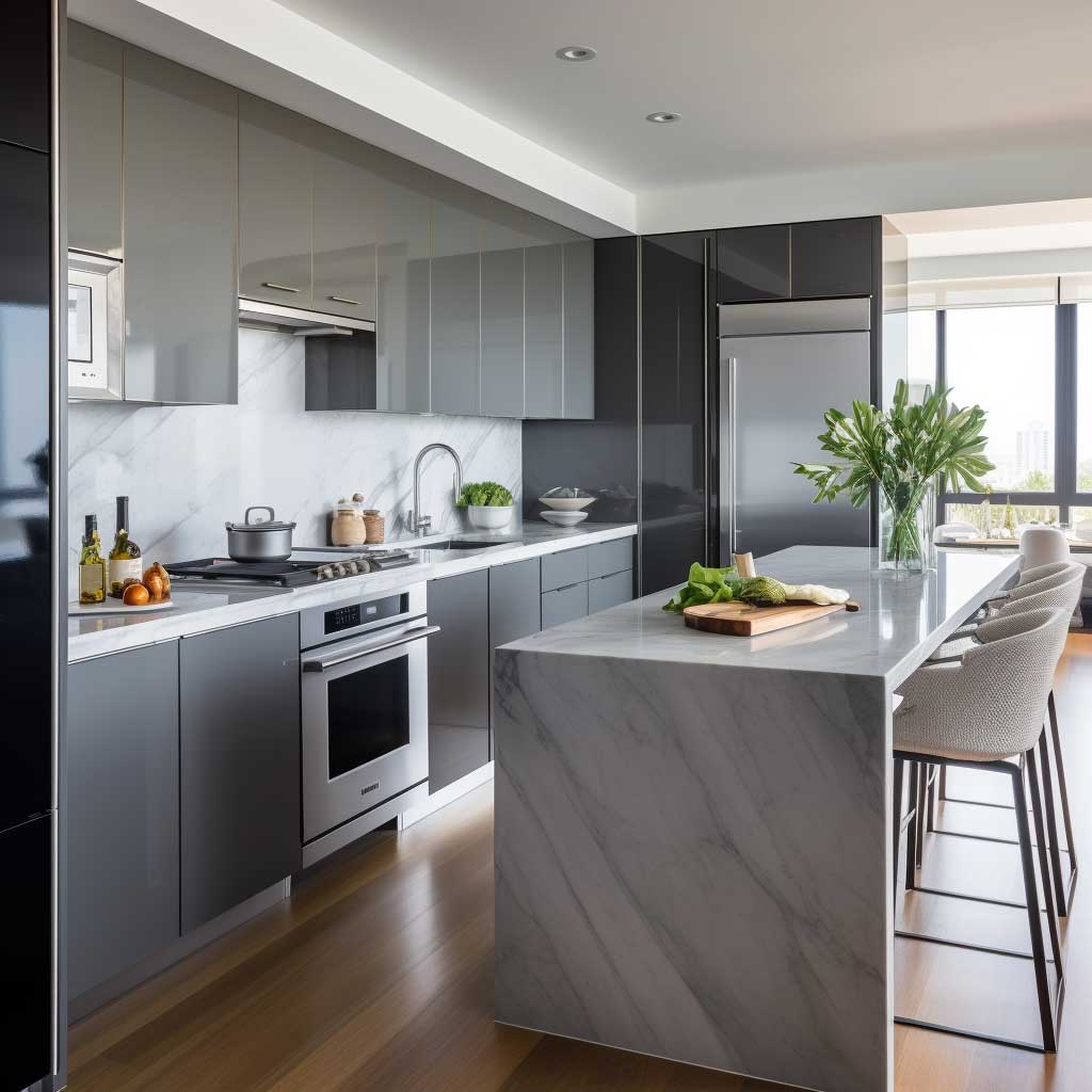 A spacious kitchen featuring sleek grey cabinetry, a white marble countertop, and silver appliances.
