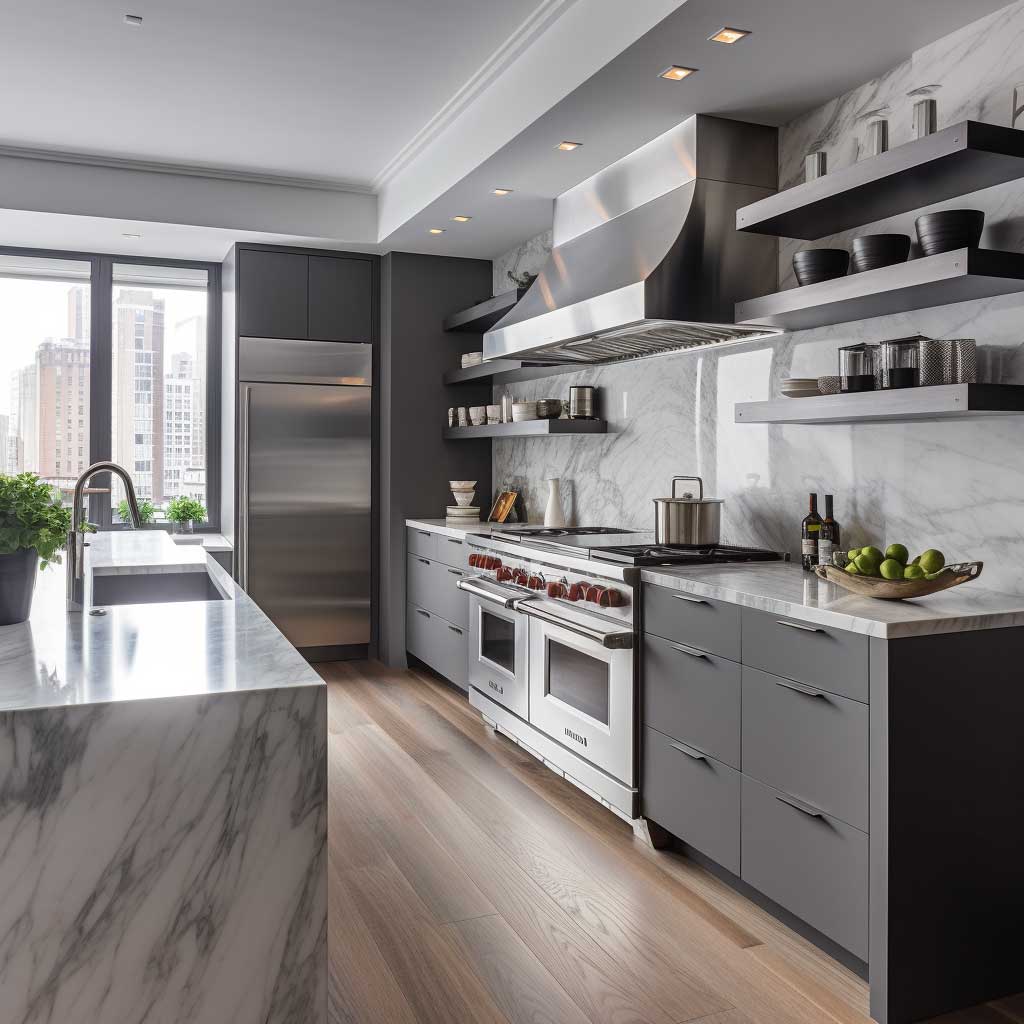 A spacious kitchen featuring sleek grey cabinetry, a white marble countertop, and silver appliances.