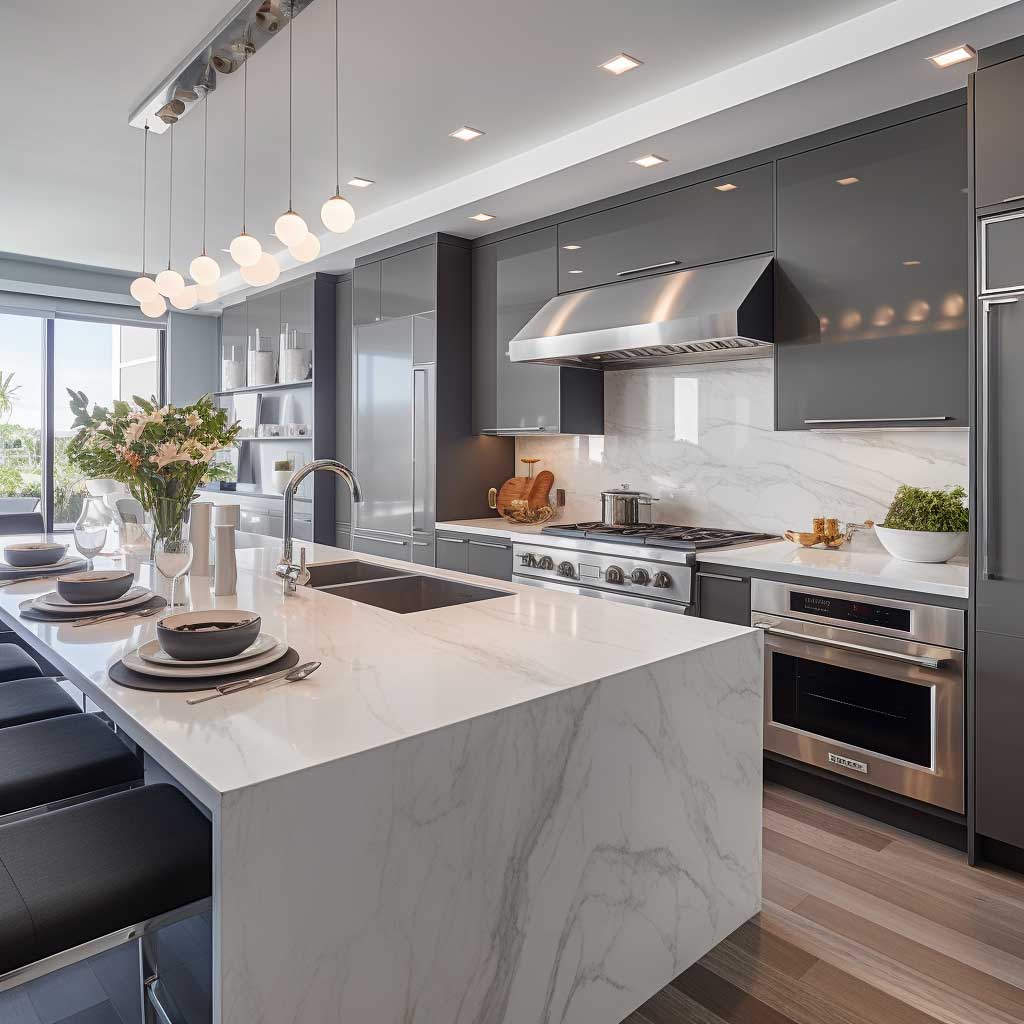 A spacious kitchen featuring sleek grey cabinetry, a white marble countertop, and silver appliances.