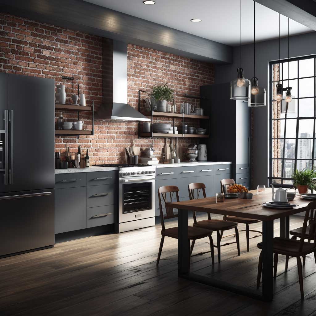 An industrial-style kitchen with dark grey walls, exposed brick elements, and stainless steel appliances.