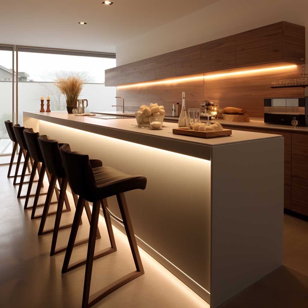A minimalist modern kitchen bar counter design with a thin, floating countertop and undermount lighting.
