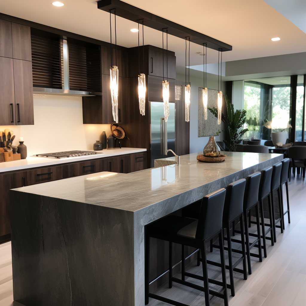 An innovative modern kitchen bar counter design featuring a sleek waterfall countertop and hanging pendant lights.
