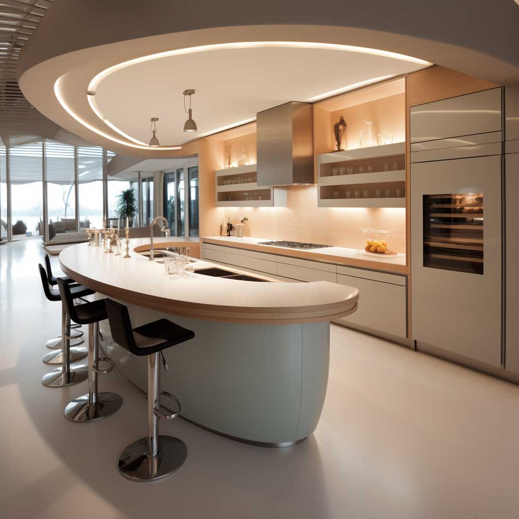 A modern kitchen bar counter design showcasing a curved countertop and integrated appliances.