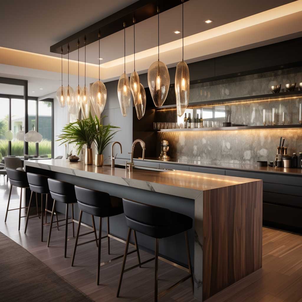 An innovative modern kitchen bar counter design featuring a sleek waterfall countertop and hanging pendant lights.