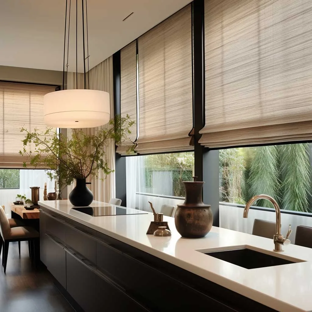 A sleek kitchen adorned with chic modern window treatments, exhibiting a harmonious blend of elegance and functionality.