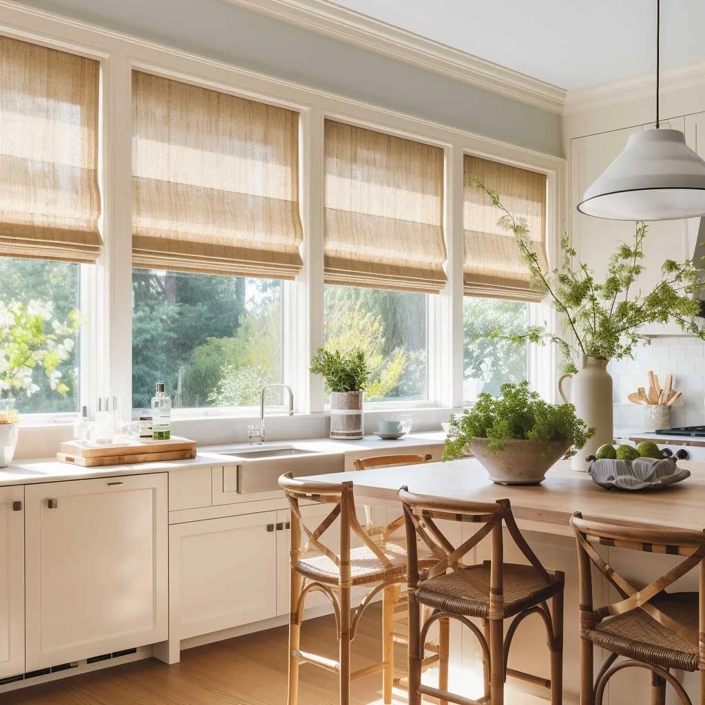 A warm, welcoming kitchen featuring modern kitchen window treatments that maximize natural light.