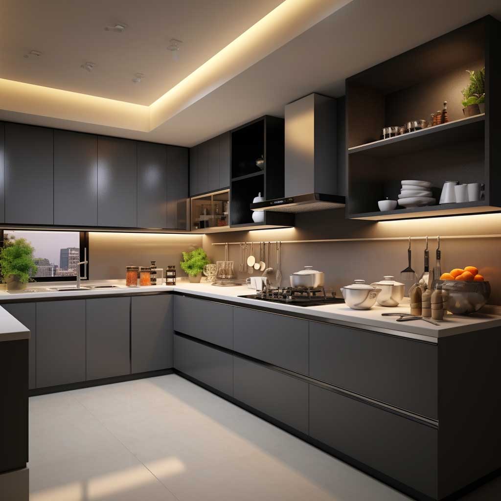 A captivating modern L-shape modular kitchen displaying an exemplary integration of advanced appliances, elegant fittings, and effective lighting systems.
