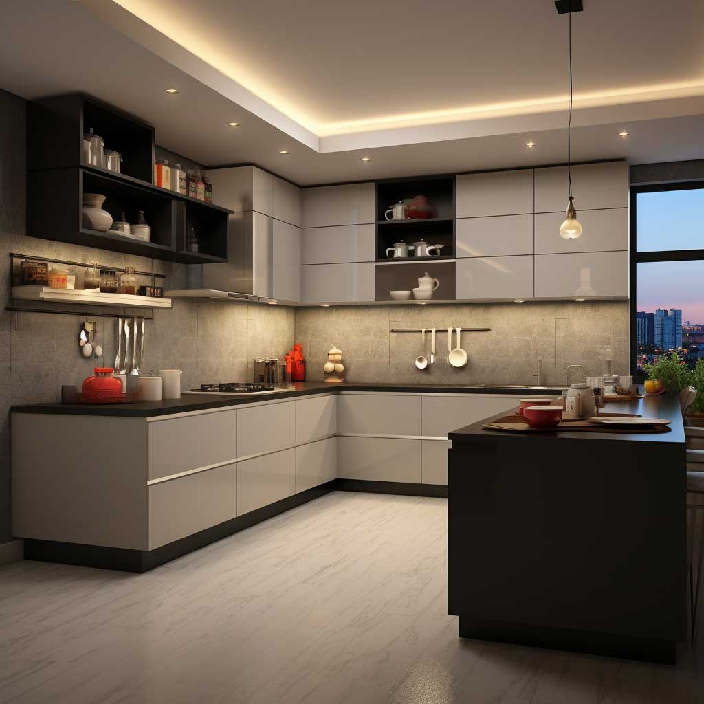 An impressive view of a modern L-shape modular kitchen highlighting efficiency and style with its well-planned layout, innovative storage solutions, and sleek design elements.