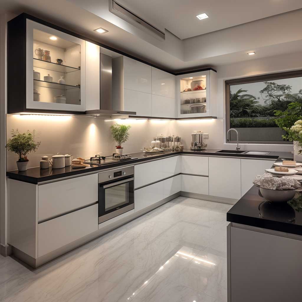 A captivating modern L-shape modular kitchen displaying an exemplary integration of advanced appliances, elegant fittings, and effective lighting systems.