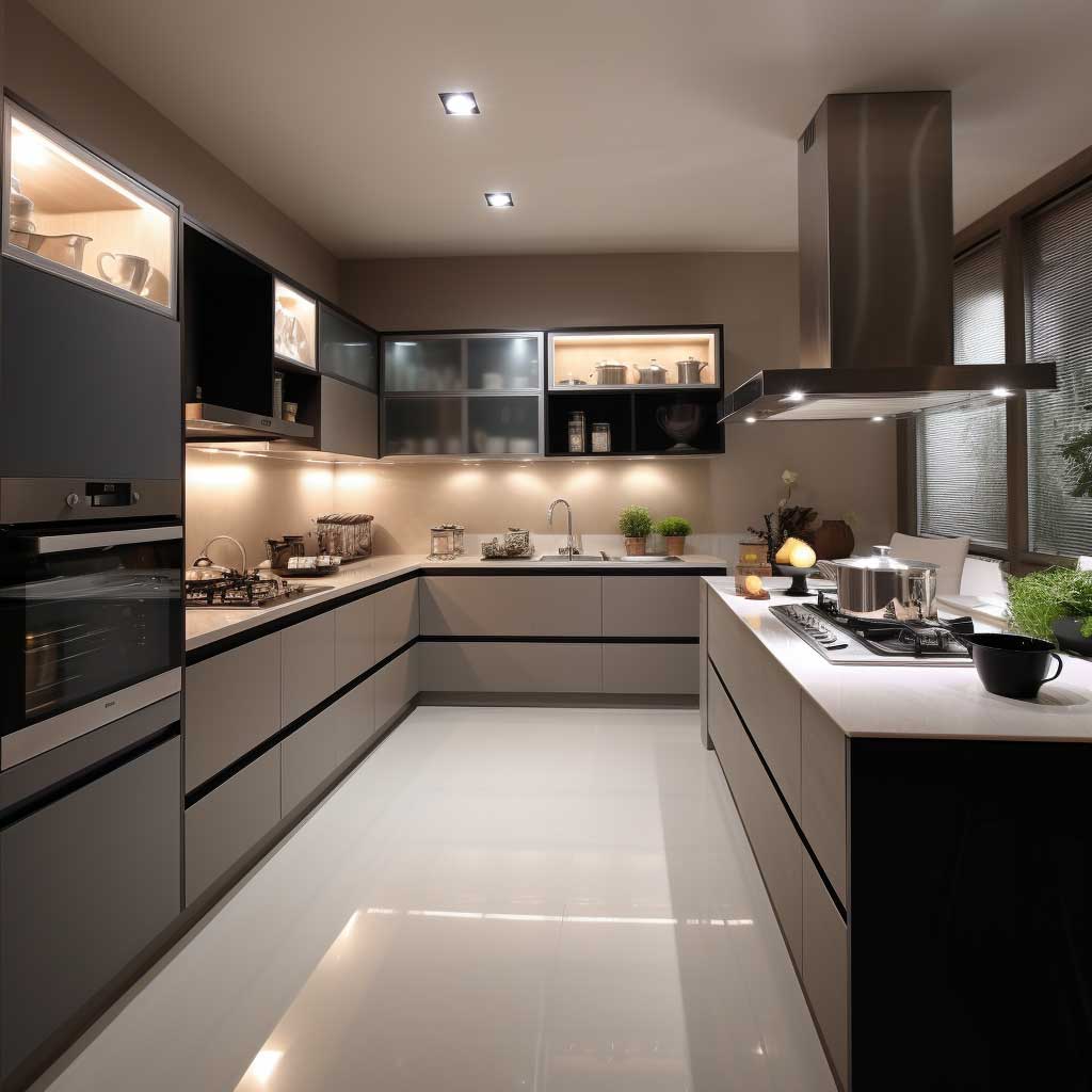 A captivating modern L-shape modular kitchen displaying an exemplary integration of advanced appliances, elegant fittings, and effective lighting systems.