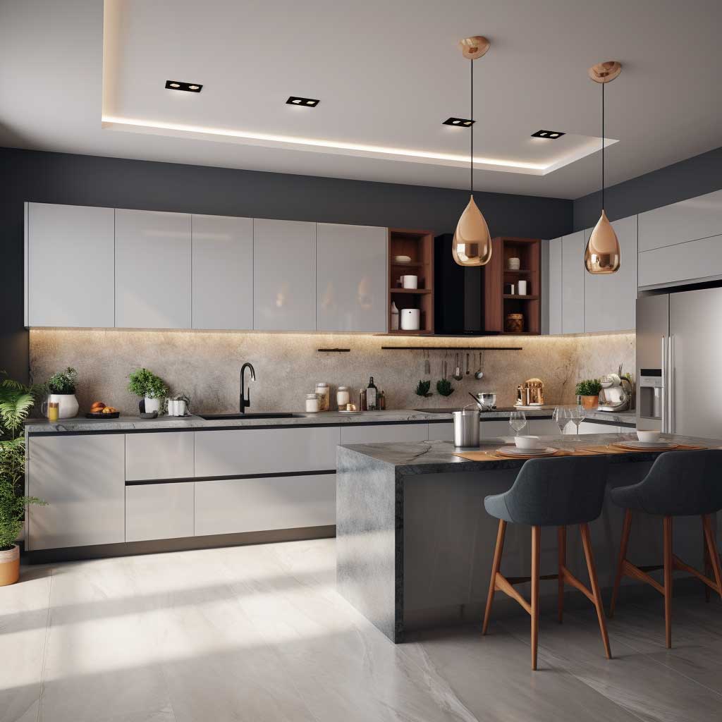 An aesthetically pleasing modern L-shape modular kitchen with spacious countertops, sleek appliances, and beautiful hanging lights, showing an optimal utilization of space.