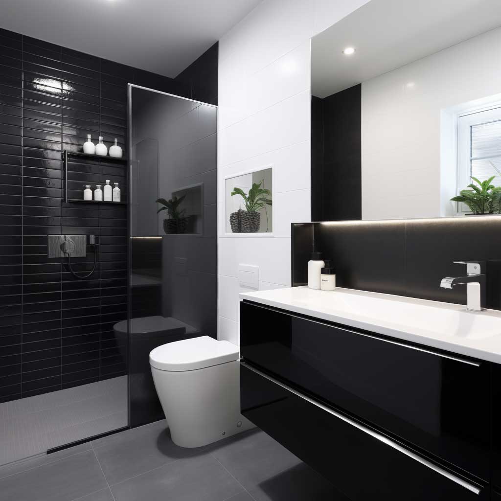 A small bathroom brimming with style, featuring sleek black tiles contrasted with a pristine white vanity and fixtures, epitomizing the elegance of modern design.
