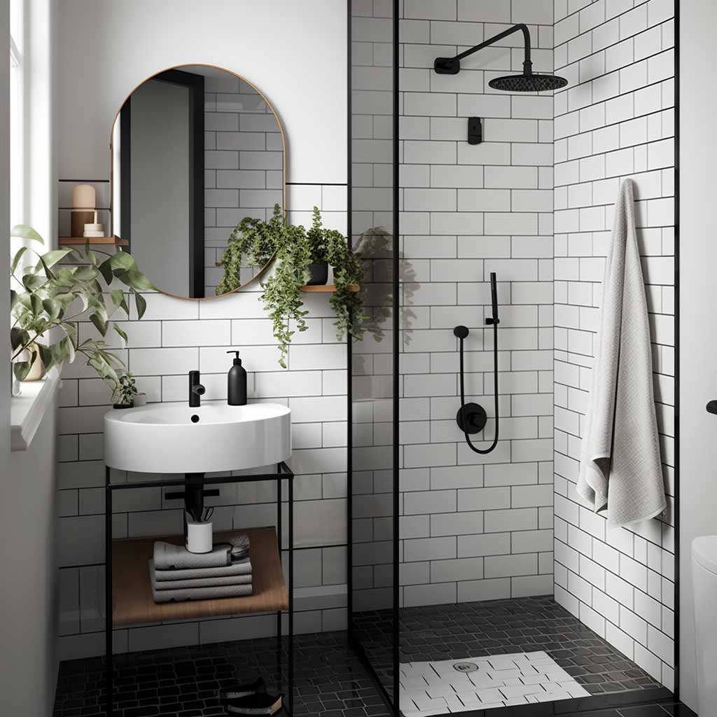 The smart use of glossy white subway tiles with bold black grout lines, combined with matte black accents, makes this compact bathroom a modern design marvel.