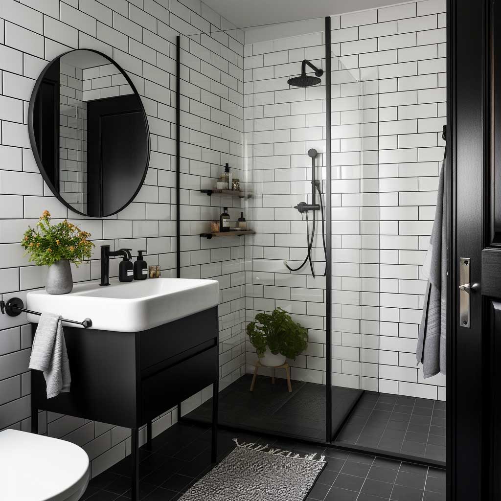 The smart use of glossy white subway tiles with bold black grout lines, combined with matte black accents, makes this compact bathroom a modern design marvel.