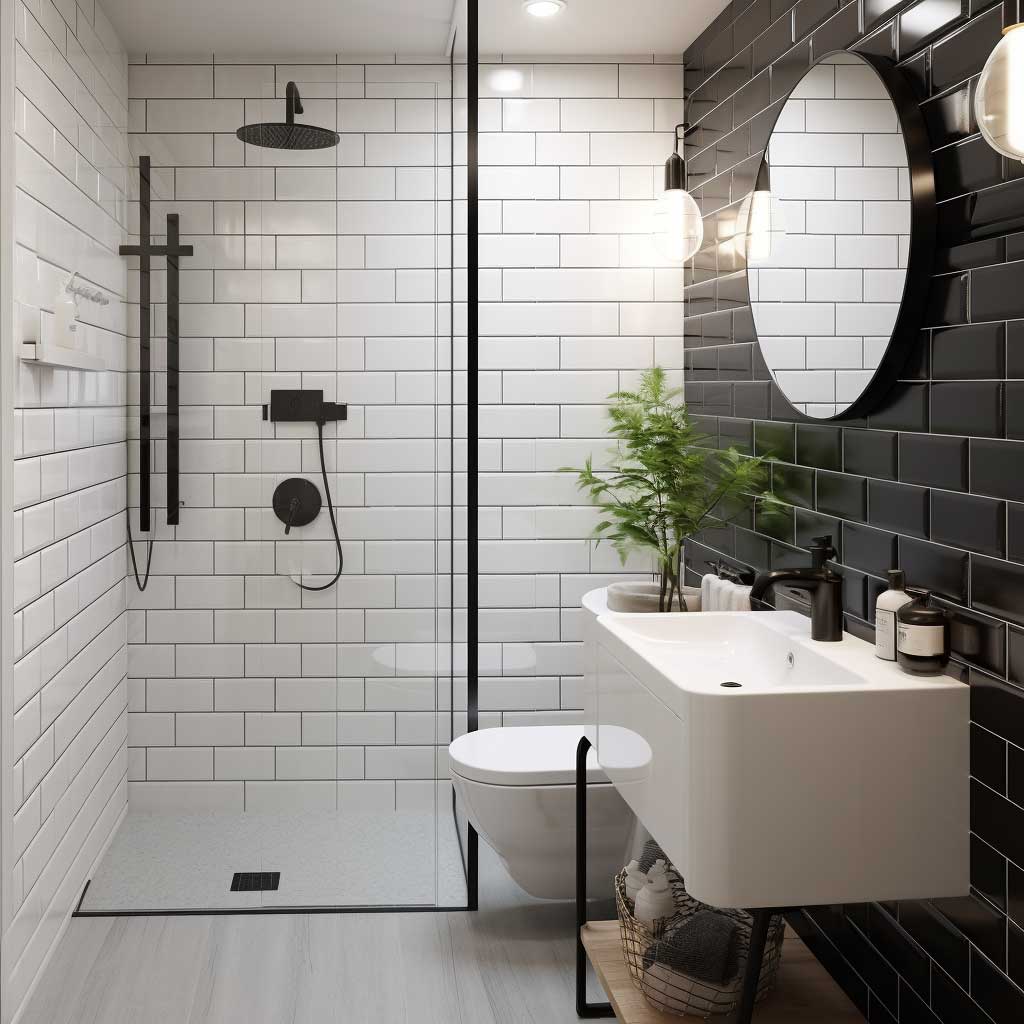 The smart use of glossy white subway tiles with bold black grout lines, combined with matte black accents, makes this compact bathroom a modern design marvel.