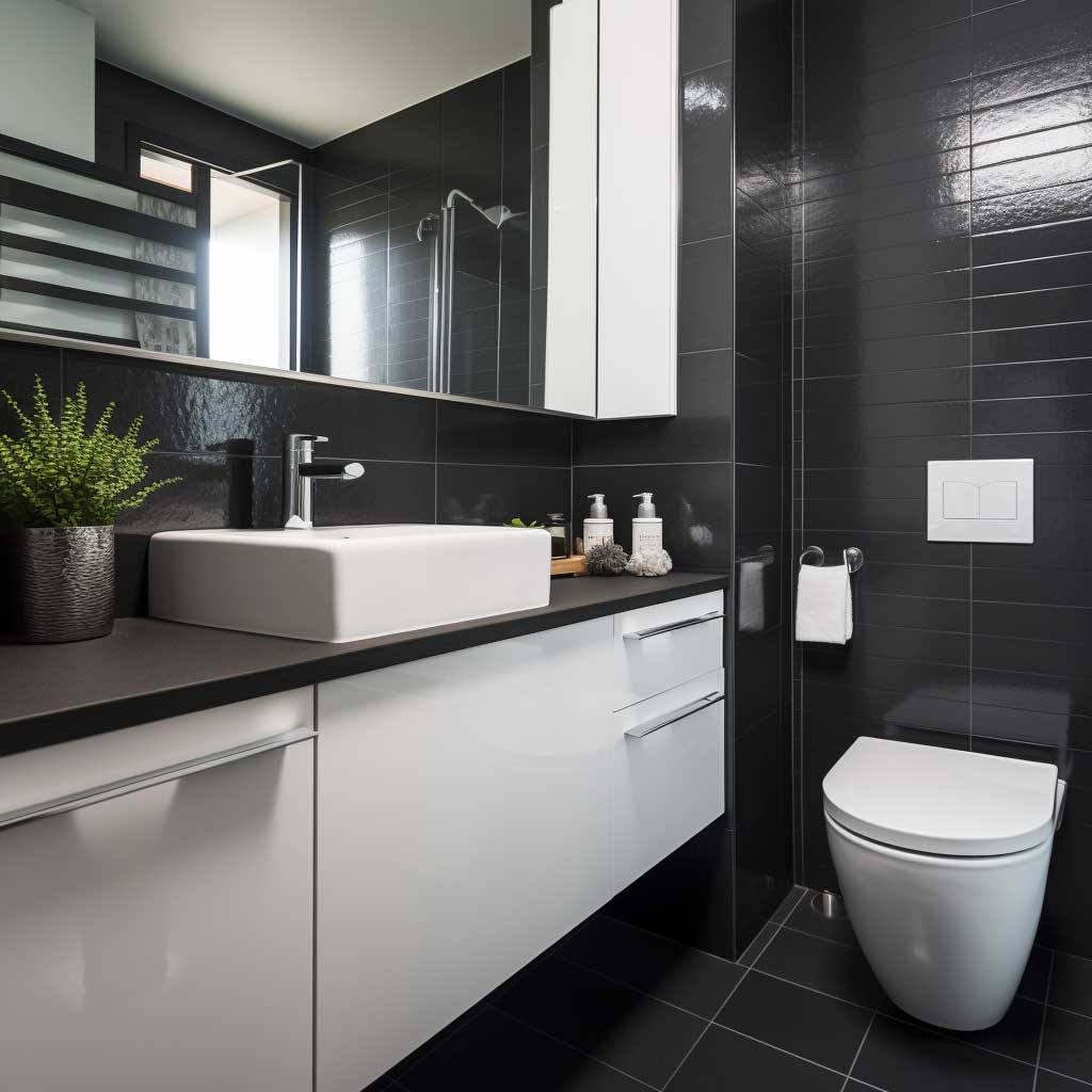 A small bathroom brimming with style, featuring sleek black tiles contrasted with a pristine white vanity and fixtures, epitomizing the elegance of modern design.