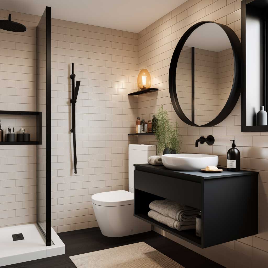Impeccable monochromatic palette exudes intimate luxury in this small bathroom, where modern black fixtures strikingly offset the clean, white ceramics.