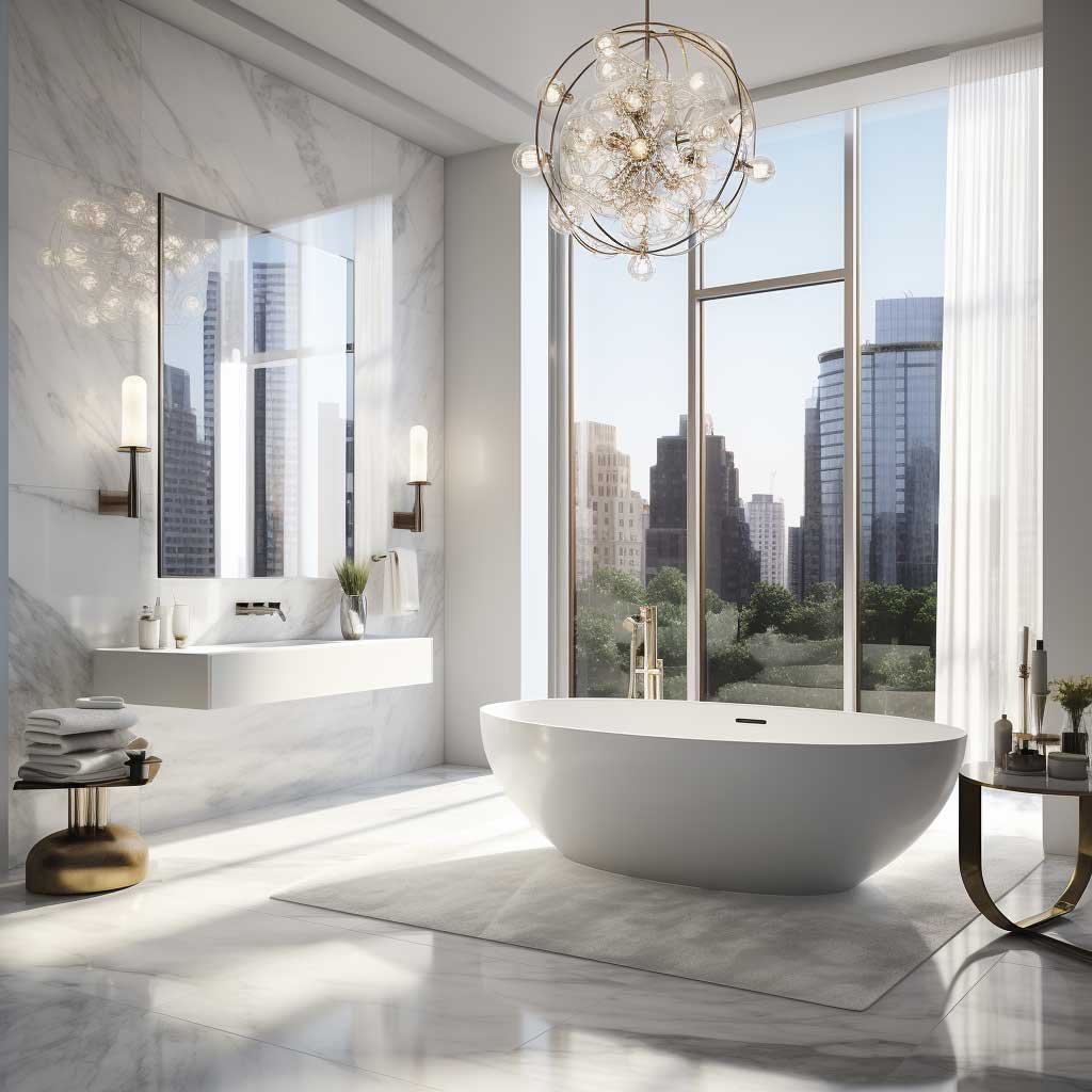 Photograph showing a luxurious modern white bathroom with a freestanding tub, floor-to-ceiling windows, and marble accents.
