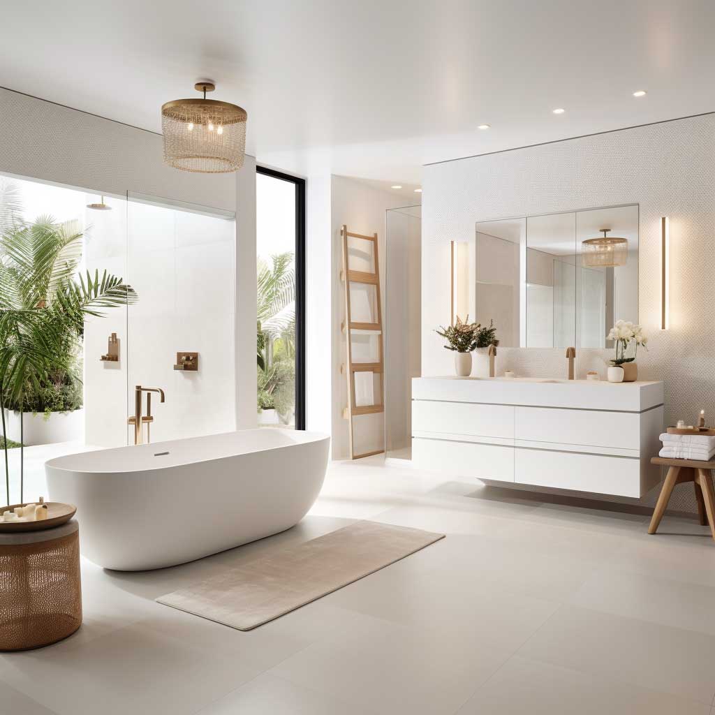 A photograph showcasing a spacious, modern white bathroom with elegant fixtures and warm lighting.
