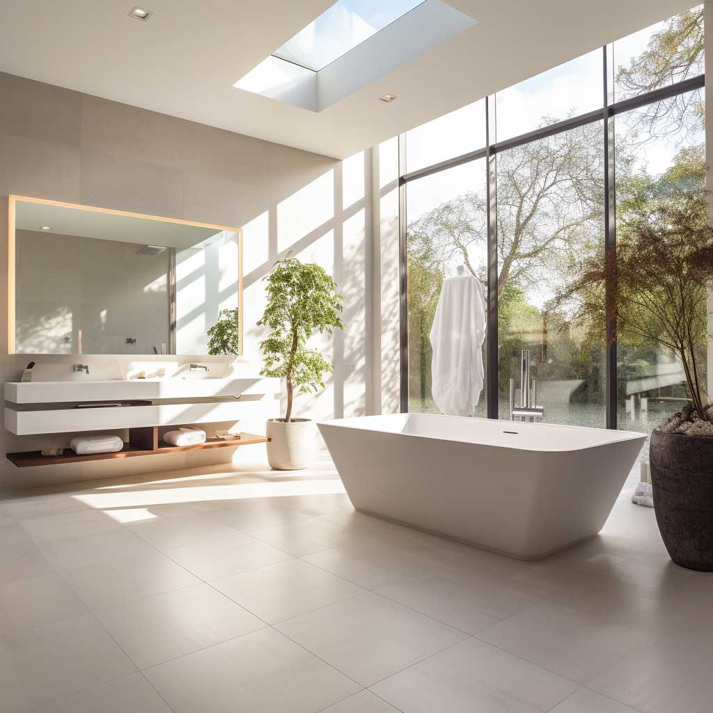 A photograph showcasing a spacious, modern white bathroom with elegant fixtures and warm lighting.