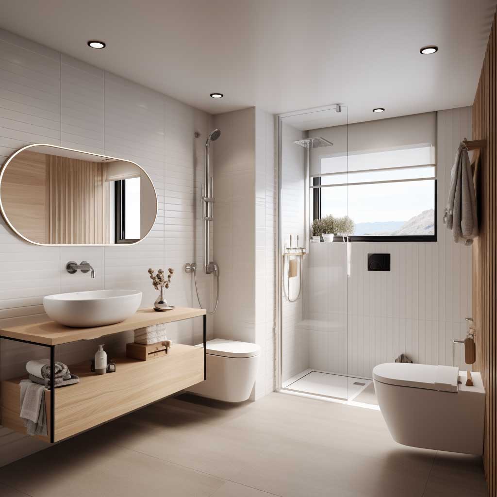 Image featuring a compact yet elegant modern white bathroom with streamlined fixtures and a touch of wood accents.