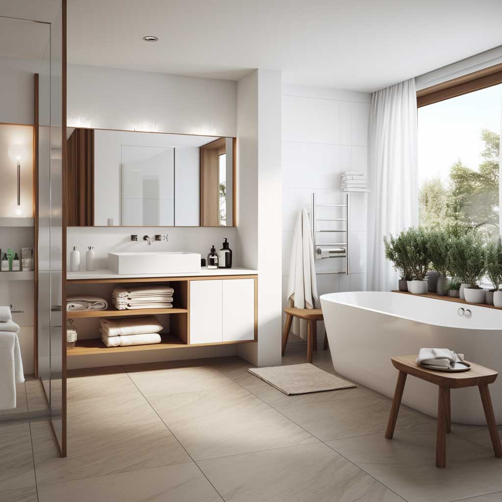 Image featuring a compact yet elegant modern white bathroom with streamlined fixtures and a touch of wood accents.