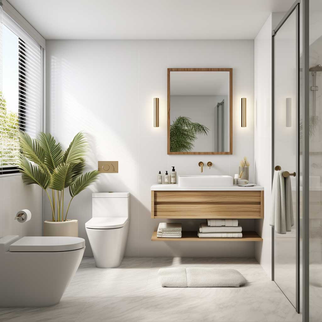 Image featuring a compact yet elegant modern white bathroom with streamlined fixtures and a touch of wood accents.