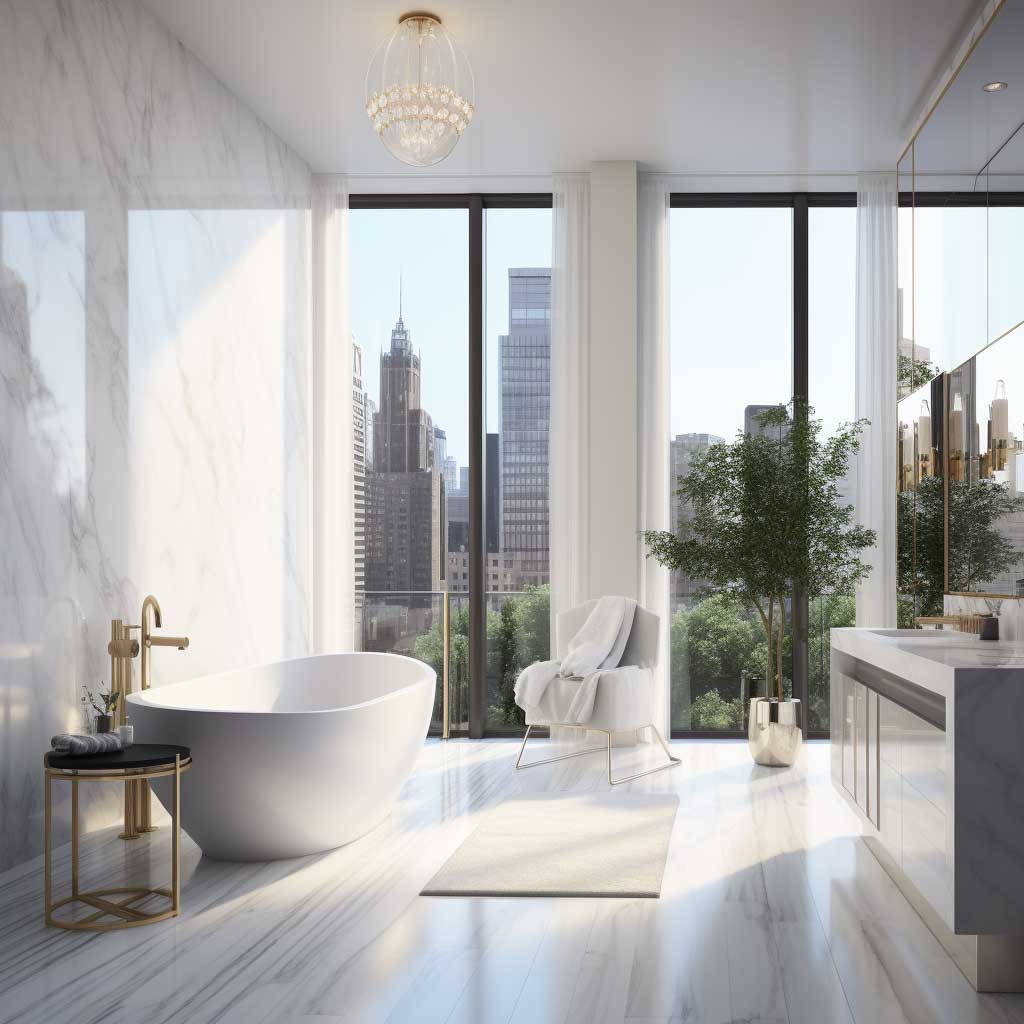 Photograph showing a luxurious modern white bathroom with a freestanding tub, floor-to-ceiling windows, and marble accents.