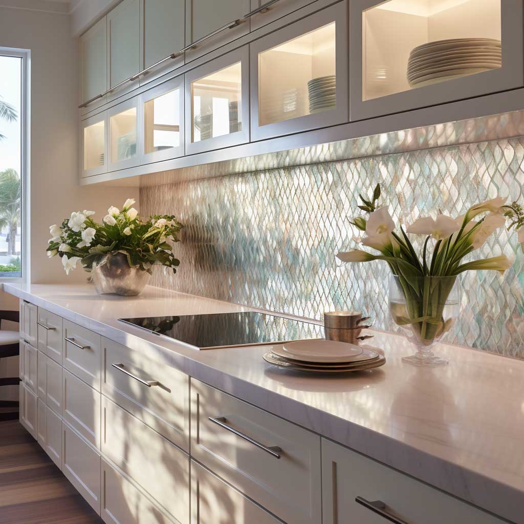 A luxury kitchen featuring a backsplash with white, luminescent mother-of-pearl tiles, creating a refined and opulent ambiance.