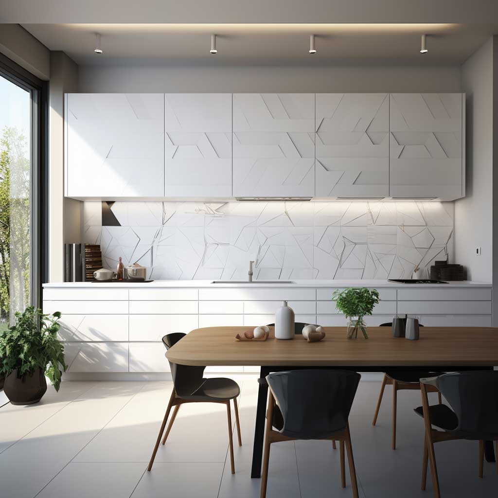 A sophisticated kitchen featuring a backsplash made of white geometric tiles, creating a dynamic and modern aesthetic.