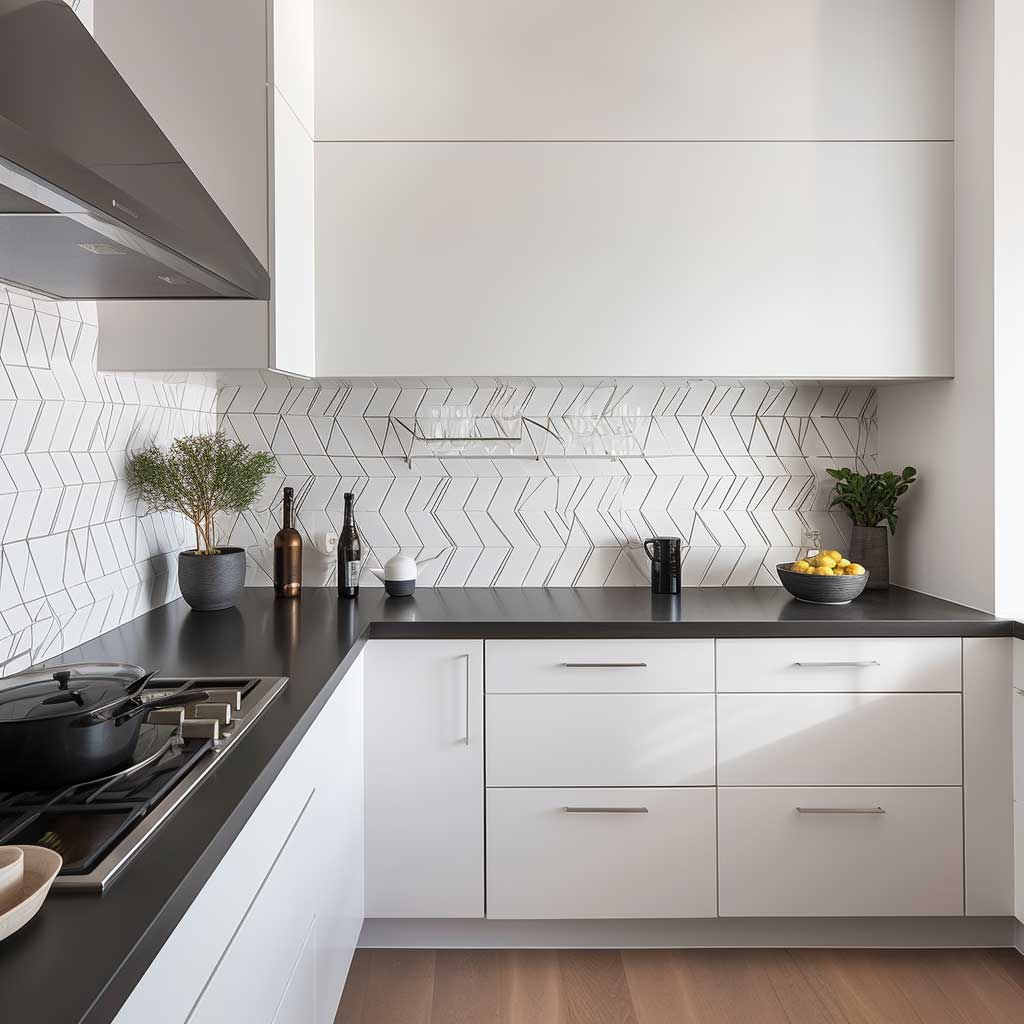 A sophisticated kitchen featuring a backsplash made of white geometric tiles, creating a dynamic and modern aesthetic.