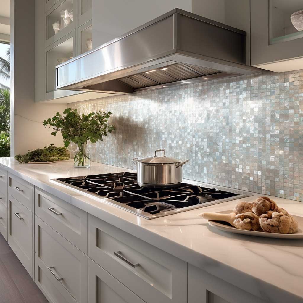 A luxury kitchen featuring a backsplash with white, luminescent mother-of-pearl tiles, creating a refined and opulent ambiance.