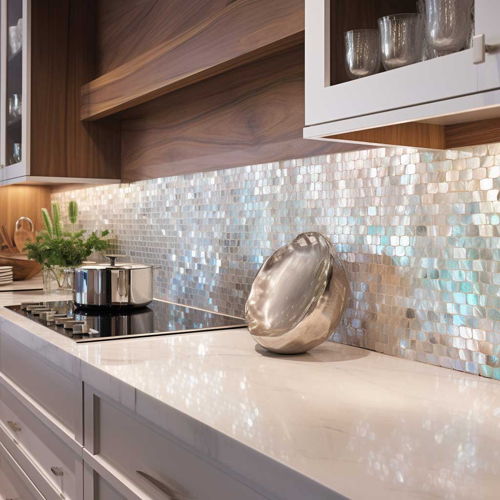 A luxury kitchen featuring a backsplash with white, luminescent mother-of-pearl tiles, creating a refined and opulent ambiance.